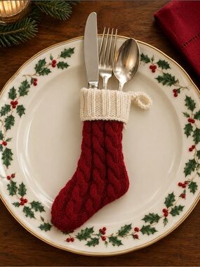 Crate & Barrel Holiday Cable Knit Red Mini Stocking Flatware Holder. Set of Four